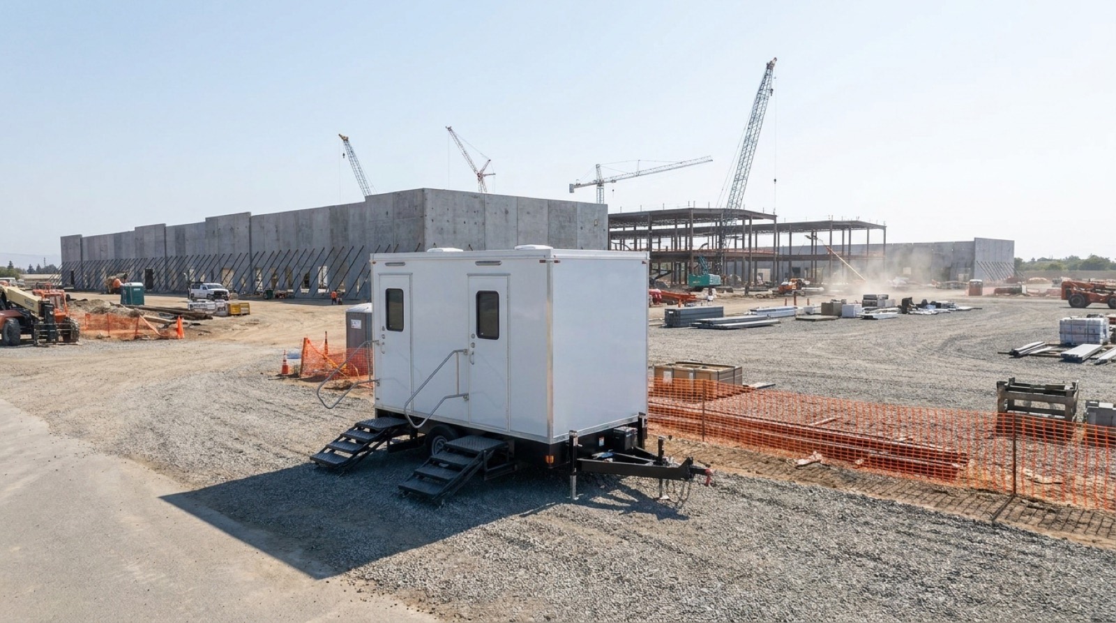 Eight station private restroom trailer at a Texas data center site entrance
