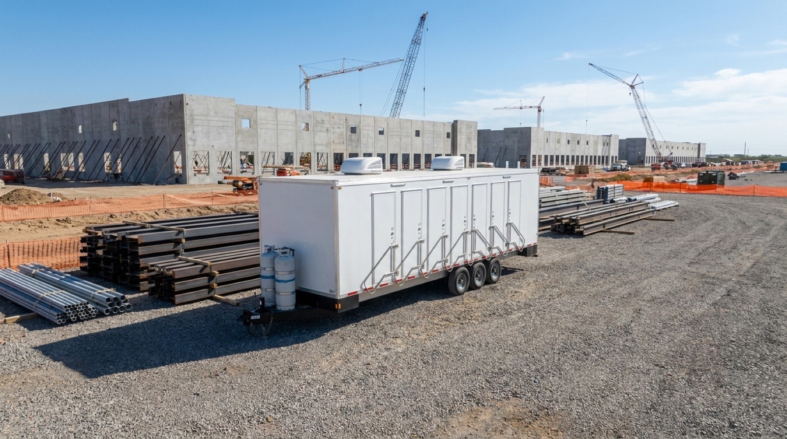 Eight station shower trailer beside a materials laydown yard