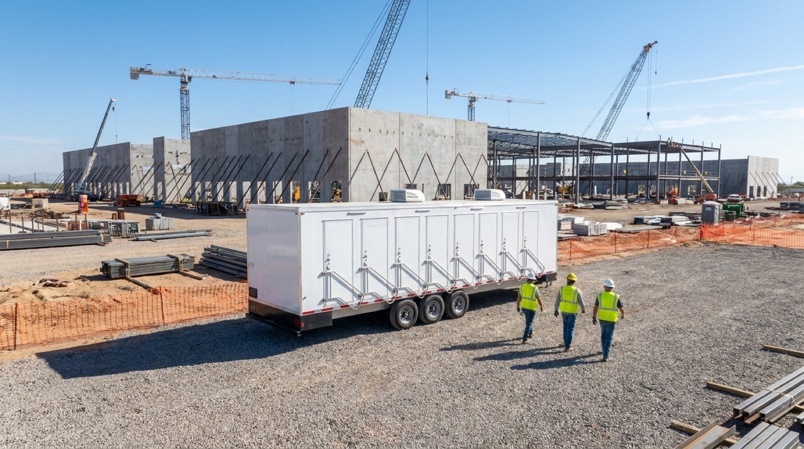 Eight station private shower trailer staged at a data center construction site at shift change