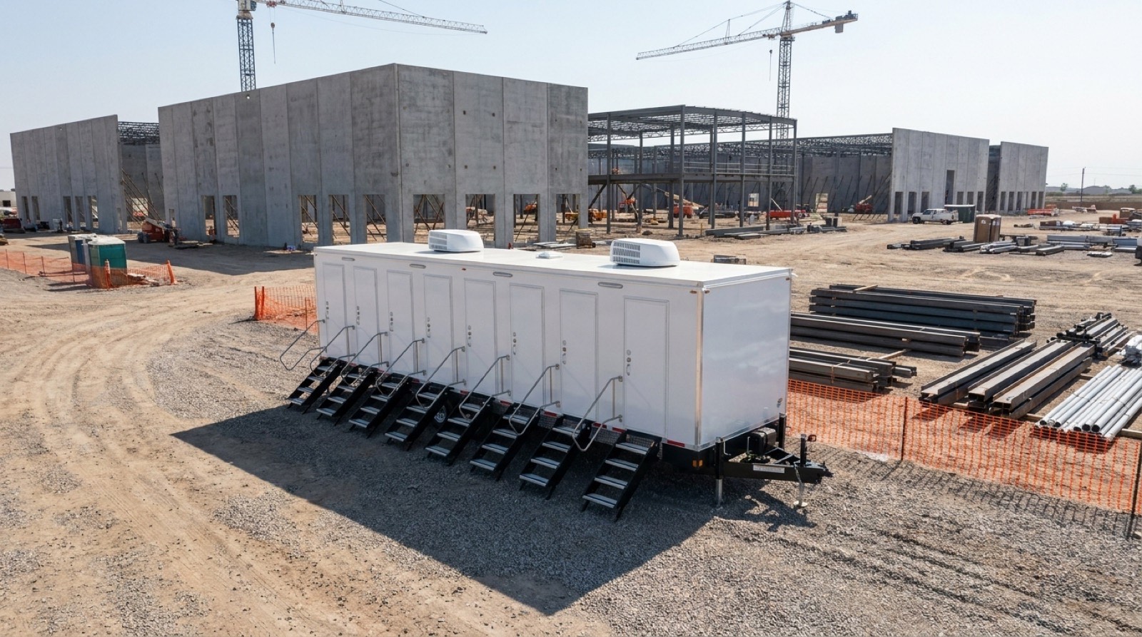 Restroom trailer beside structural steel laydown at a Northern Virginia campus