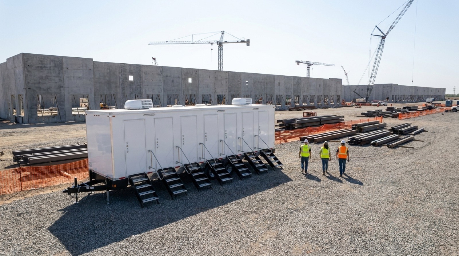 Nine station restroom trailer positioned at a data center construction site with crew walking toward it