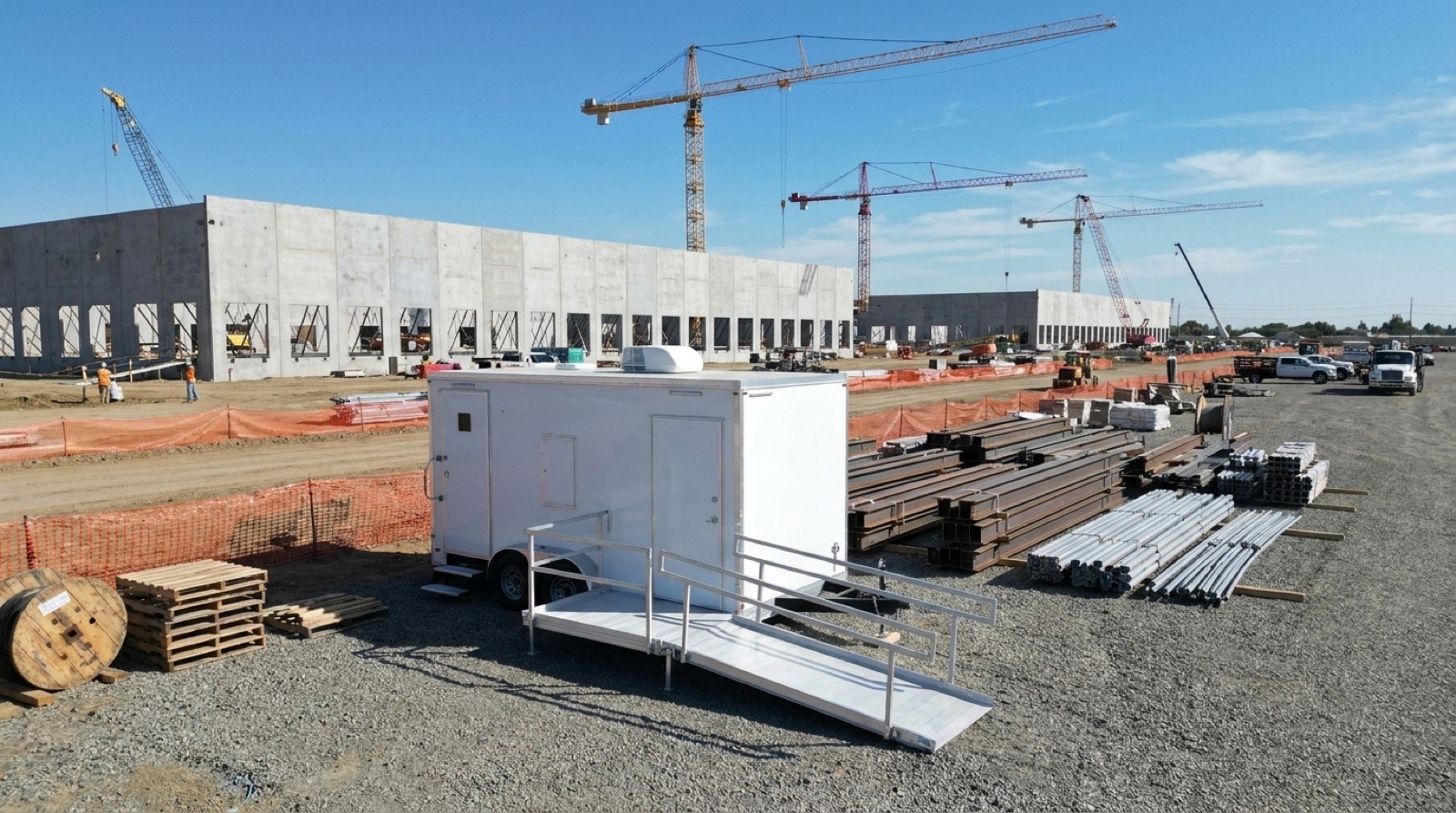 ADA restroom trailer placed on stabilized ground at a Georgia site