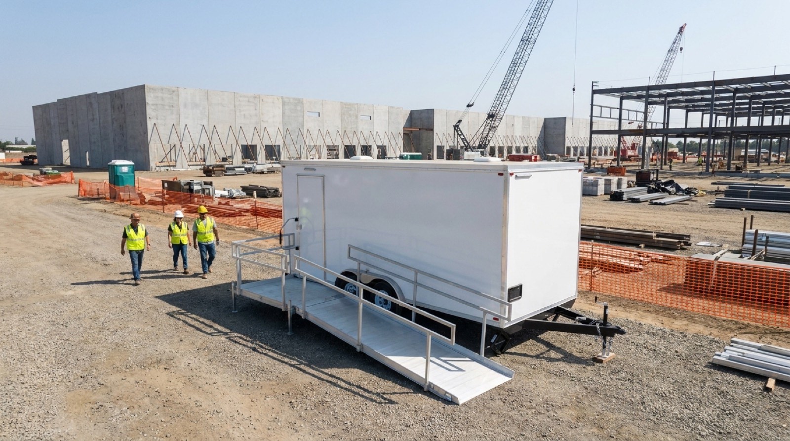 ADA restroom trailer with ramp access and crew at a data center site