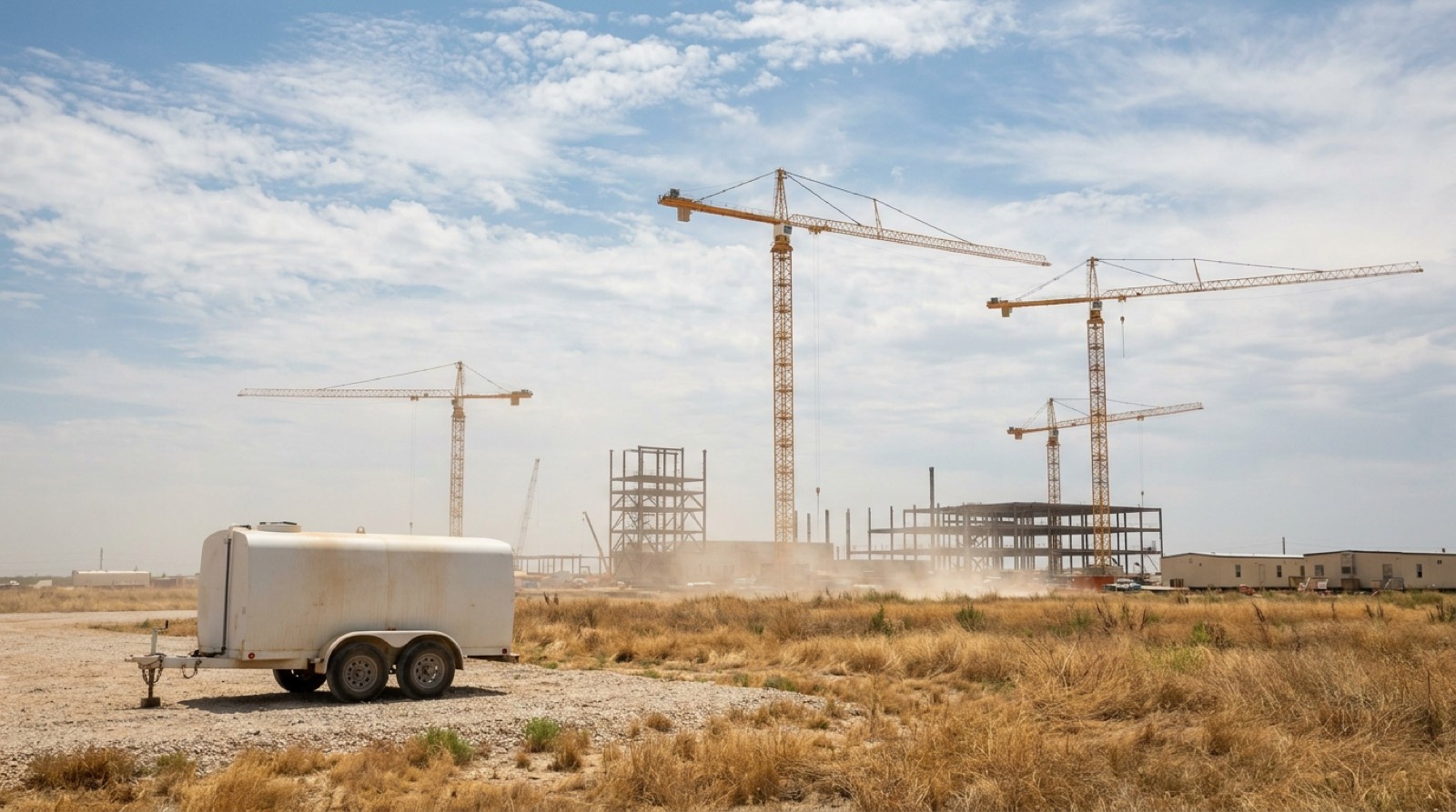 Data center construction site on North Texas prairie with restroom trailer and cranes