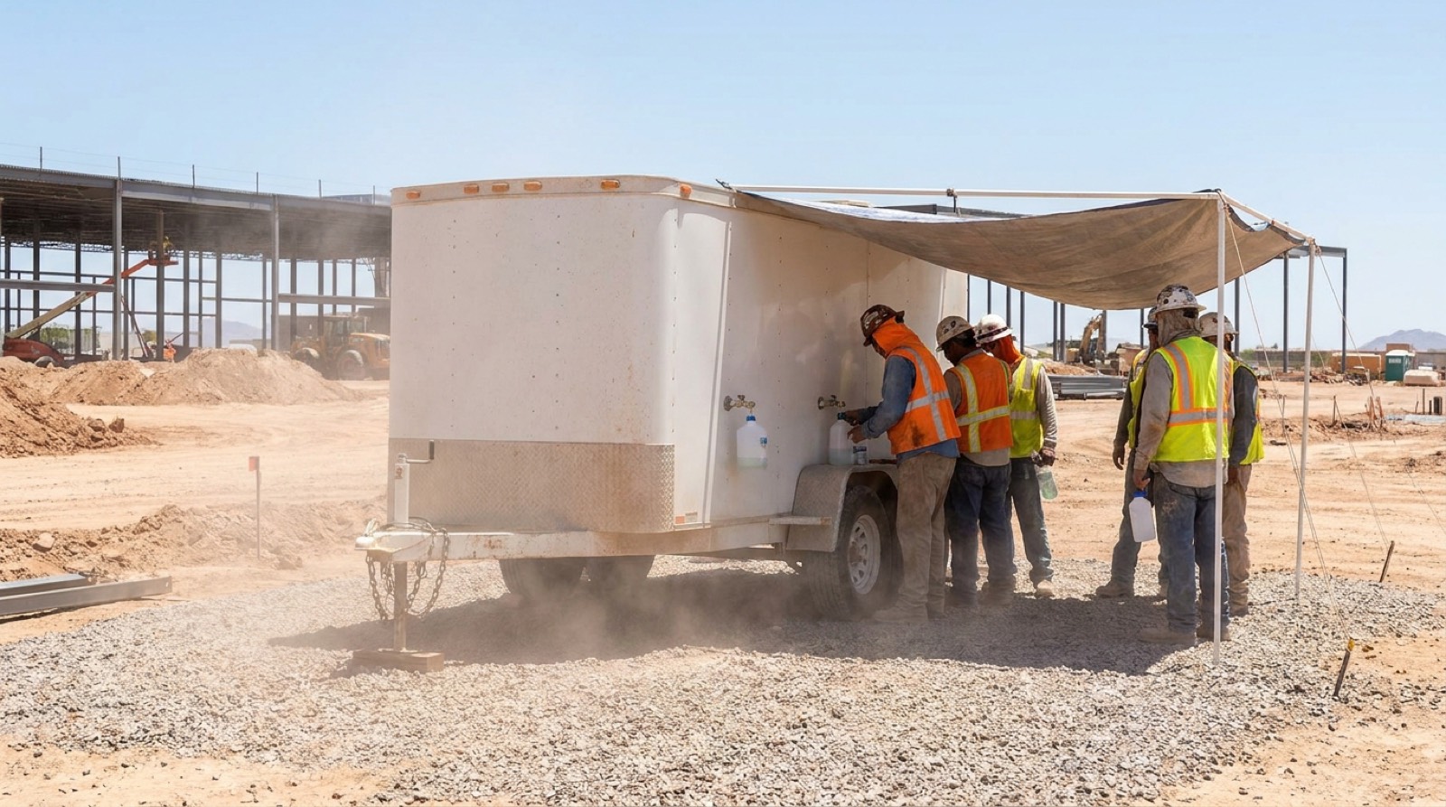 Workers filling water bottles in shade at an Arizona site