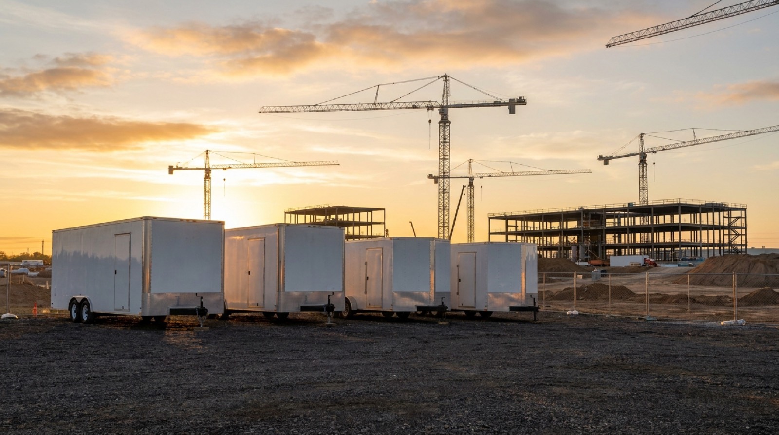 Row of white service trailers staged at dawn on a Texas campus