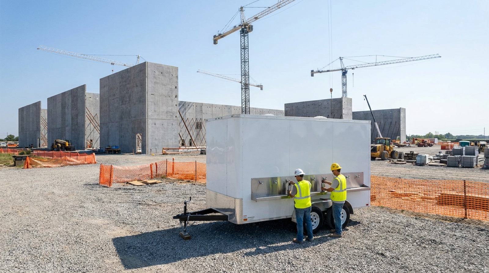 Hydration station trailer with bottle fill spigots serving construction workers at a data center site