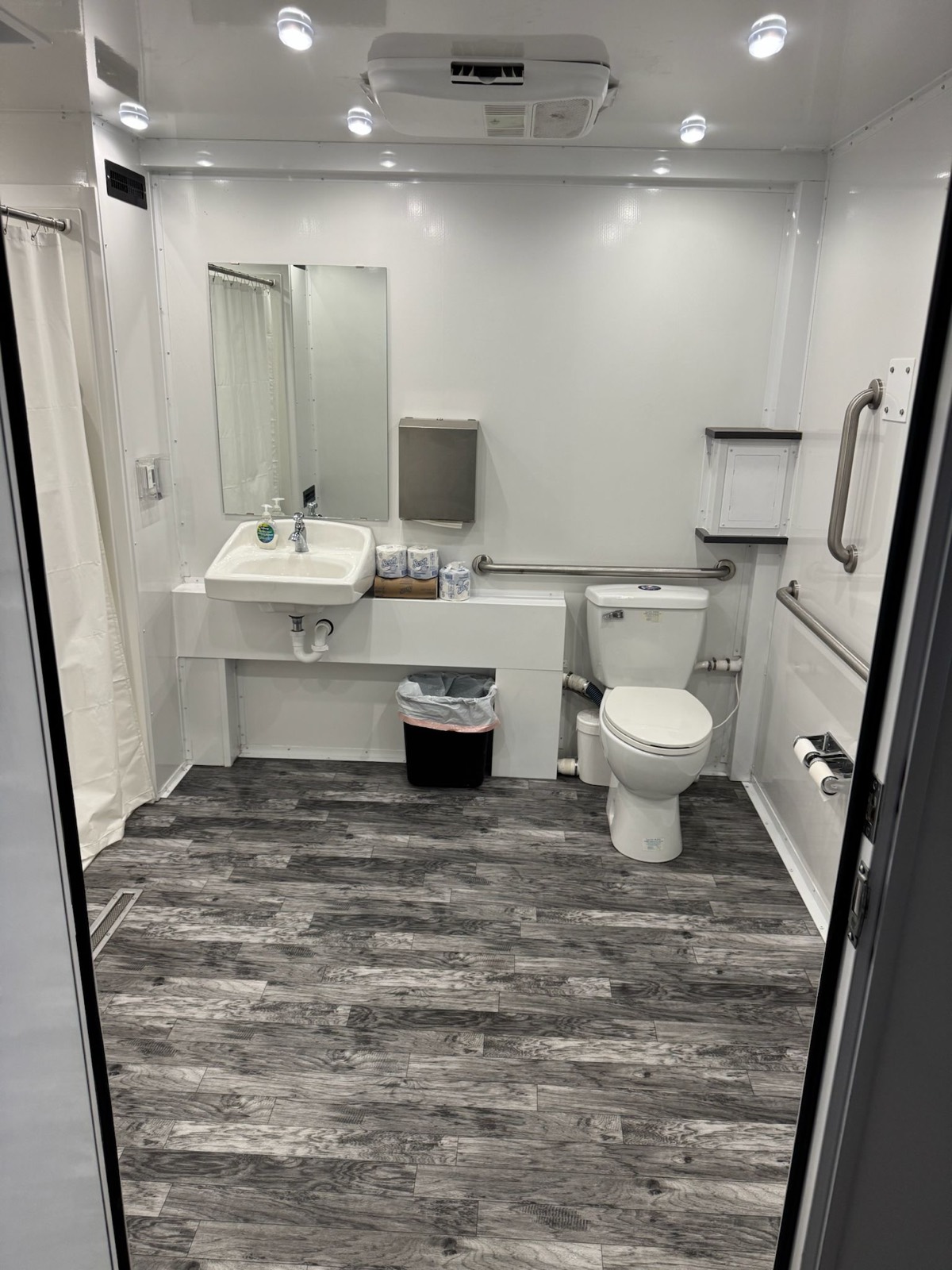 Finished interior of a restroom trailer