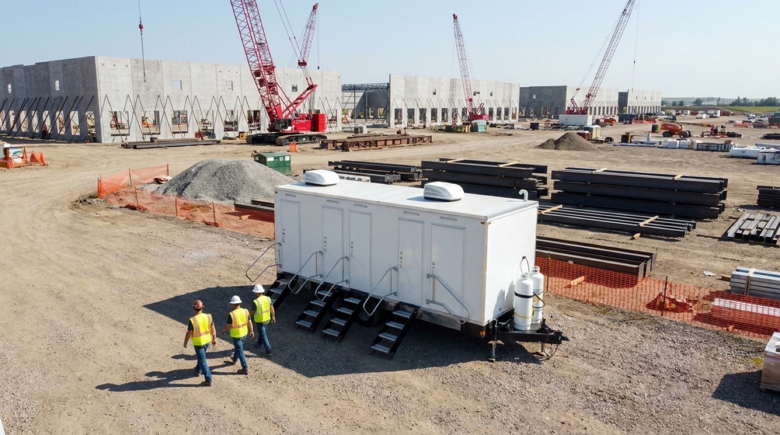 Combination laundry trailer with crew at a data center construction site