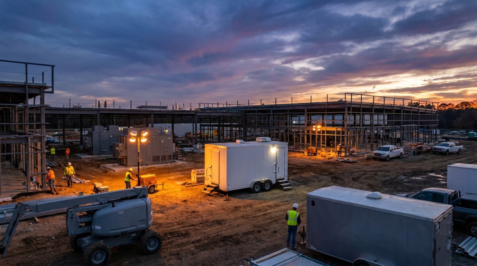 Data center site at dusk with a lit trailer serving the night shift