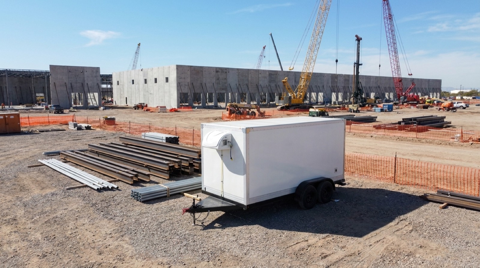 Refrigeration trailer beside a laydown yard