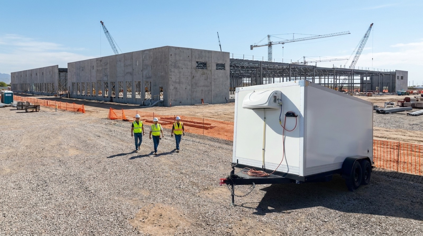 Refrigerated cold storage trailer with crew at a data center construction site