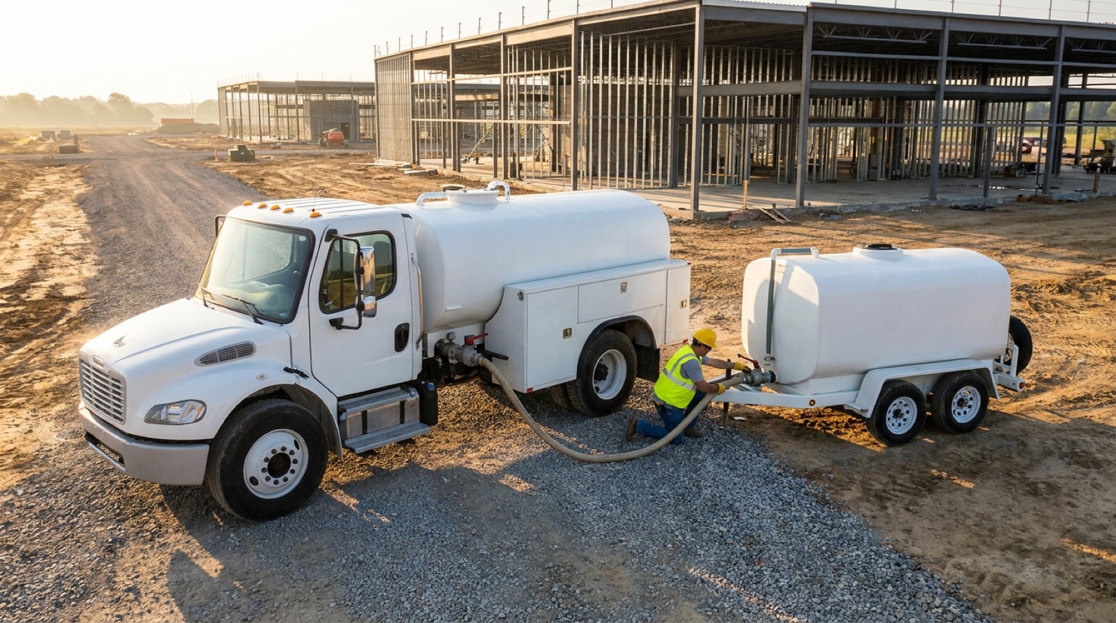 Water service truck refilling a hydration trailer tank at a data center site